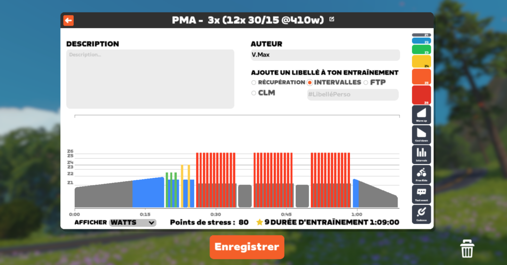 Exemple d’entraînement personnalisé créé sur Zwift dans la bibliothèque des séances
