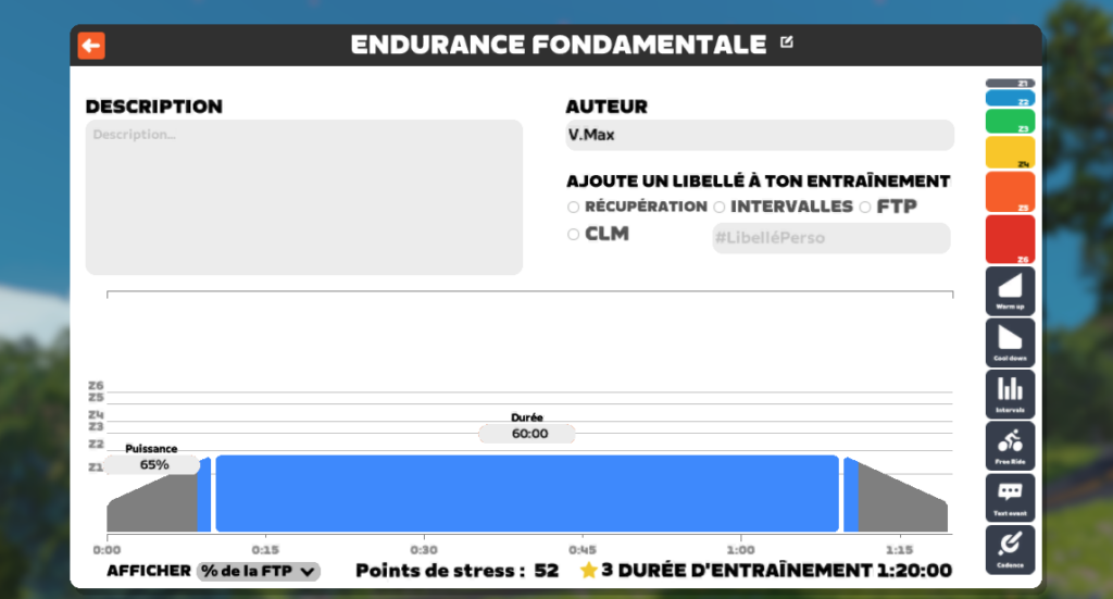 Schéma d’une séance d’endurance fondamentale dans l’éditeur d’entraînement Zwift