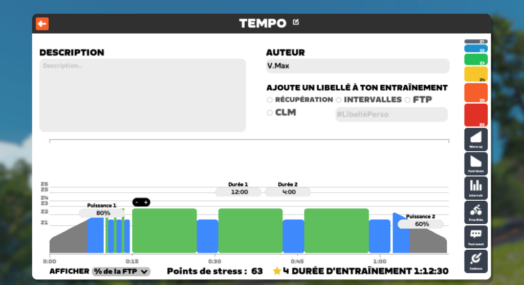 Exemple d’entraînement tempo structuré dans l’éditeur Zwift