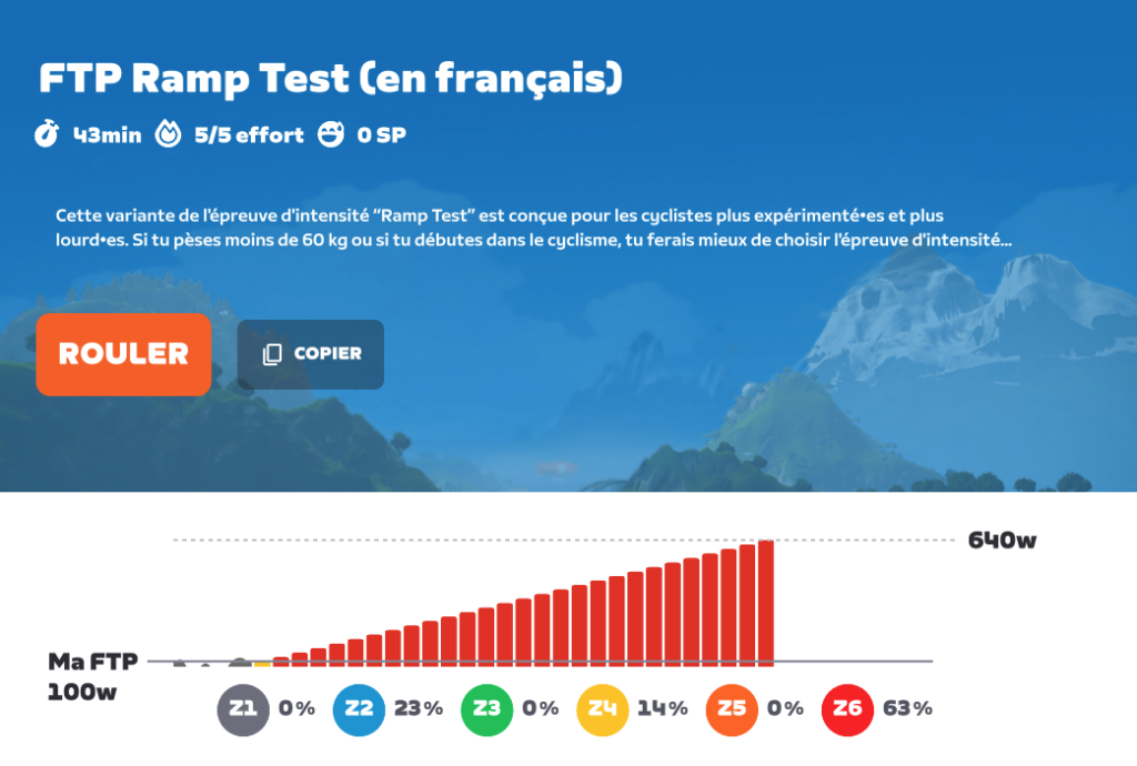 Écran du Ramp Test sur Zwift pendant un test FTP