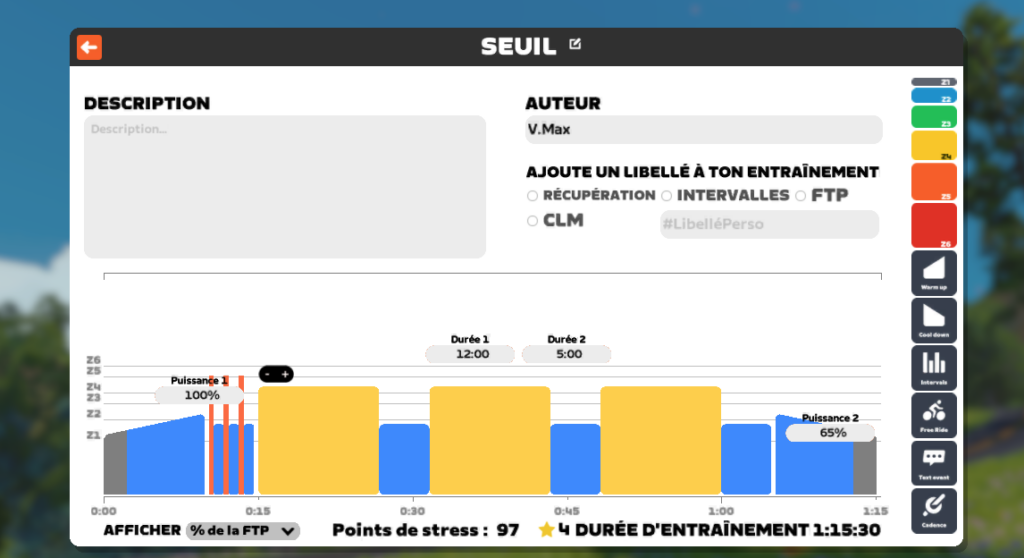 Exemple de séance d’entraînement au seuil sur Zwift avec blocs à 100 pour cent de FTP