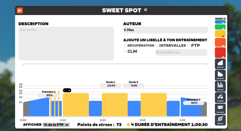 ZWIFT entraînement Sweet Spot exemple de séance structurée