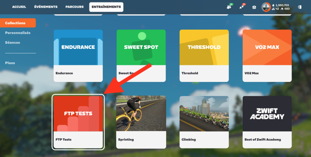 Écran pour trouver le Ramp Test sur Zwift pour effectuer un test FTP