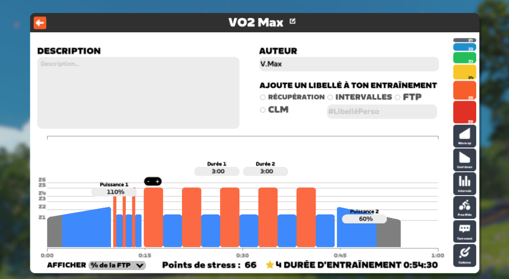 Séance VO2 max sur Zwift avec intervalles courts à haute intensité pour développer la puissance aérobie