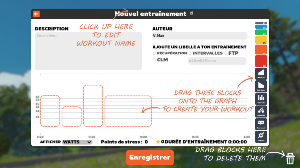 Comment créer un entraînement sur Zwift : Interface de création d’un entraînement personnalisé sur Zwift avec blocs d’intensité et timeline