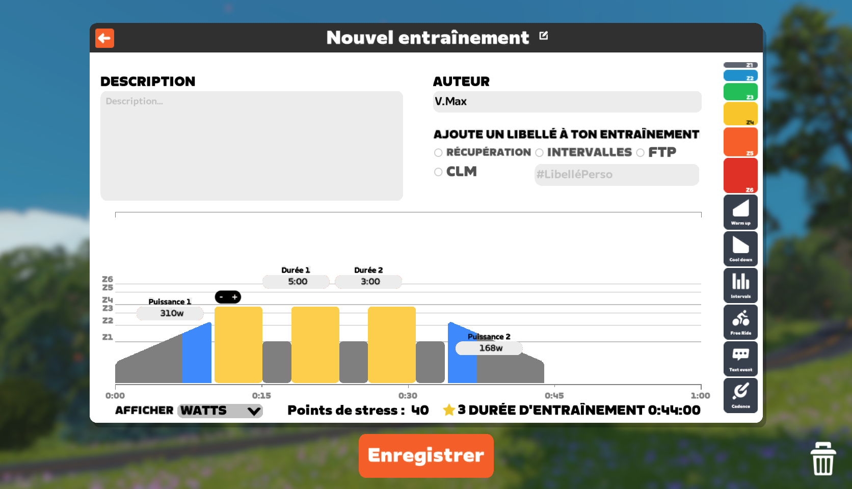 Entraînement personnalisé créé sur Zwift affiché dans la bibliothèque des entraînements